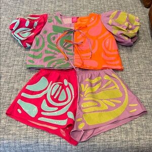 EUC, QUEEN OF SPARKLES High Waist Shorts Set - Pink, Orange, Green, MED